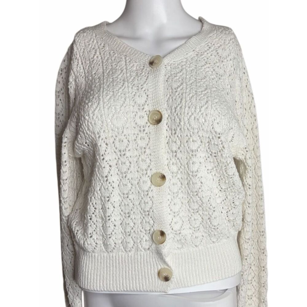TF Classic White Open-Knit Button Cardigan Sweater Medium